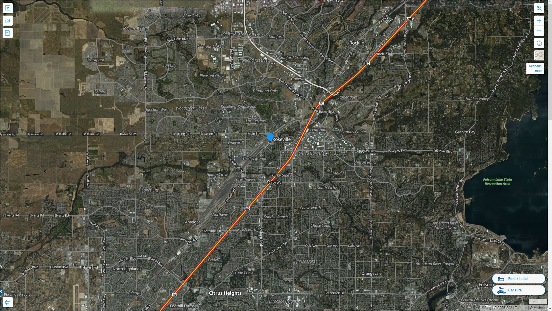 Roseville California Highway and Road Map with Satellite View